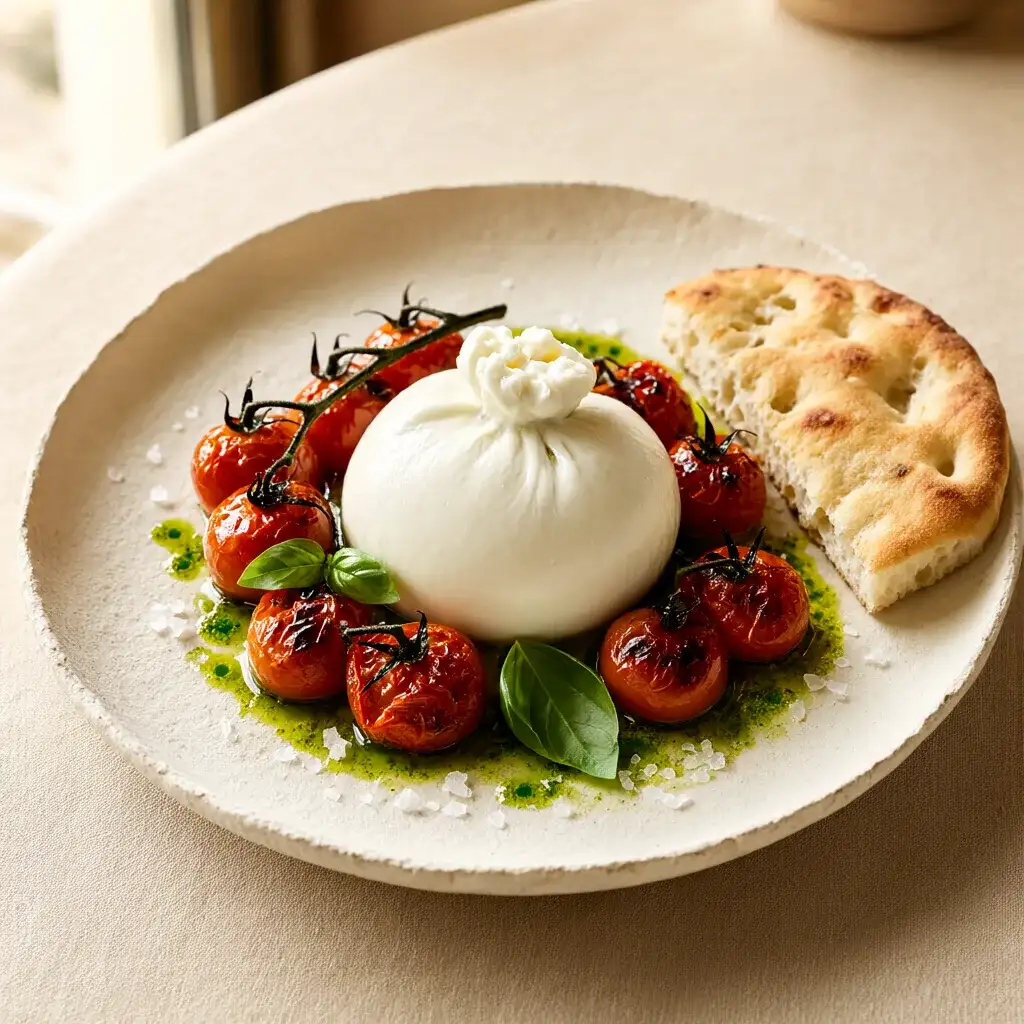 Burrata mit Ofentomaten, Basilikumöl und Focaccia.