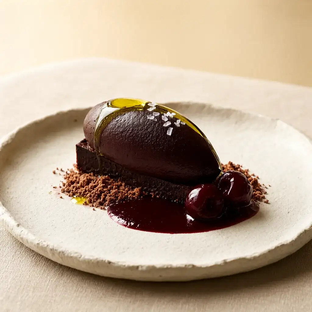 Schokoladenmousse mit Olivenöl, Meersalz, Kakaocrumble und Sauerkirschen.