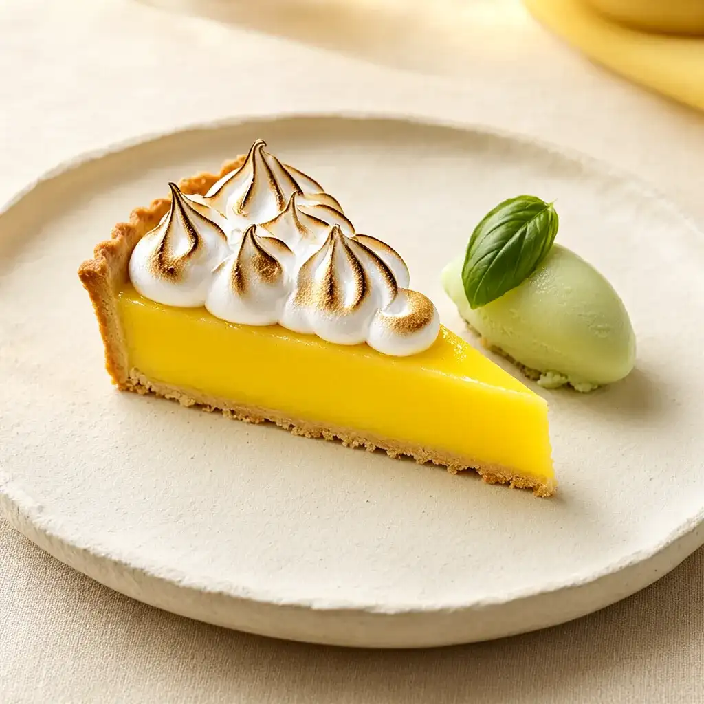 Zitronentarte mit abgeflämmtem Baiser und Basilikum-Sorbet.