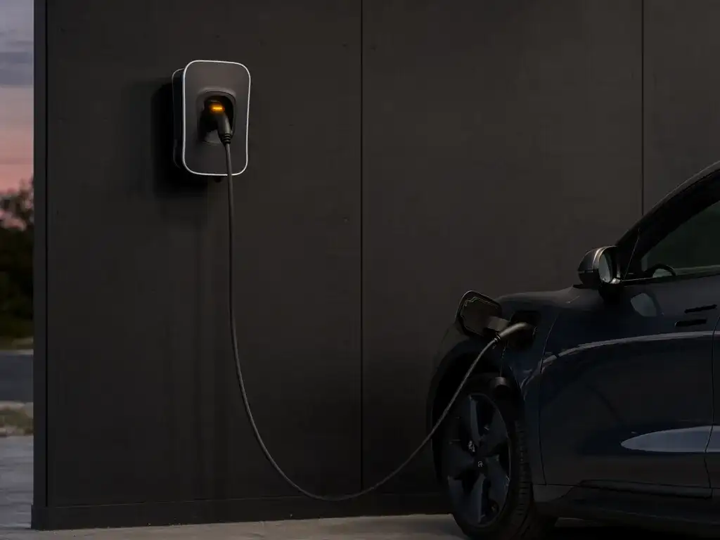 Wallbox an dunkler Hauswand lädt ein geparktes Elektroauto.