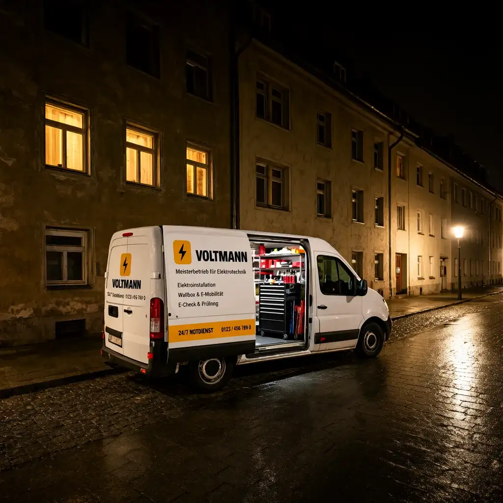 Weißer Einsatzwagen von Voltmann mit offener Schiebetür und Werkzeugregal nachts vor einem Altbau.
