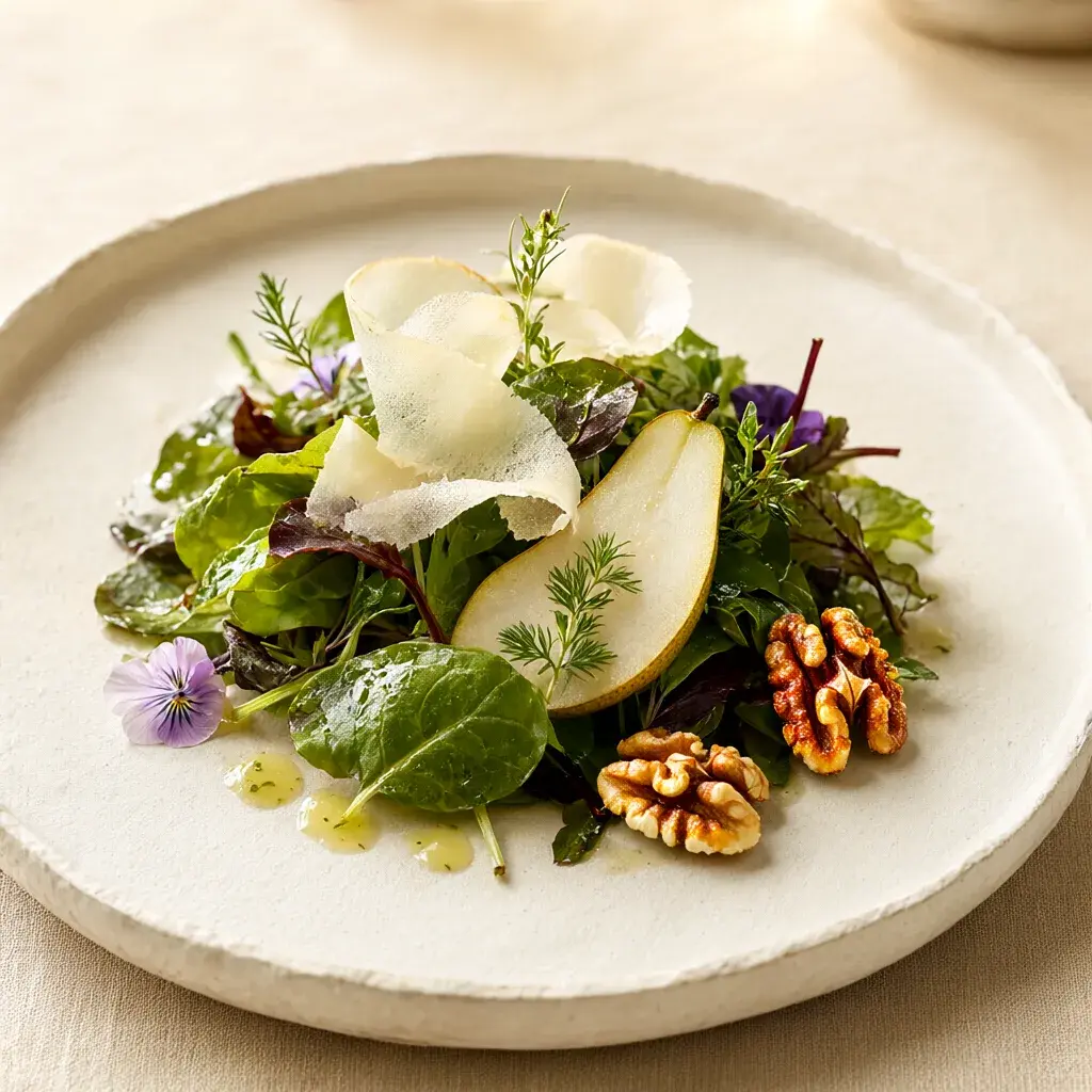 Wildkräutersalat mit Birne, Pecorino, Walnüssen und Essblüten.