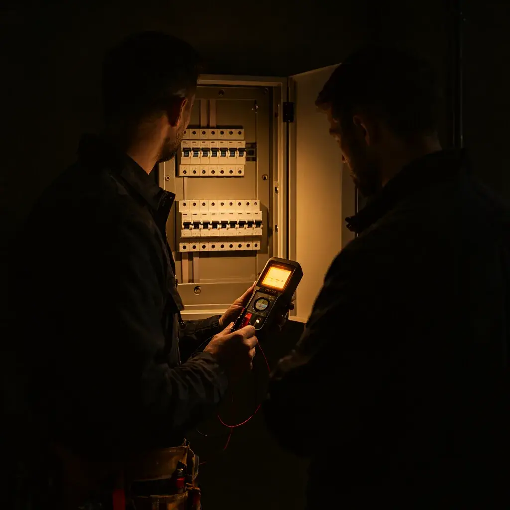 Zwei Elektriker prüfen einen geöffneten Verteilerschrank mit einem Messgerät.