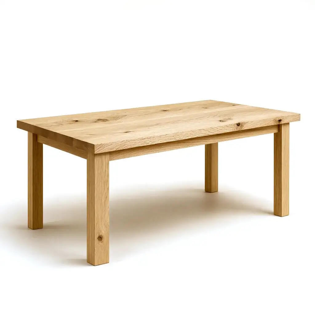 Couchtisch „Fjord“ aus massiver Wildeiche vor hellem Hintergrund.