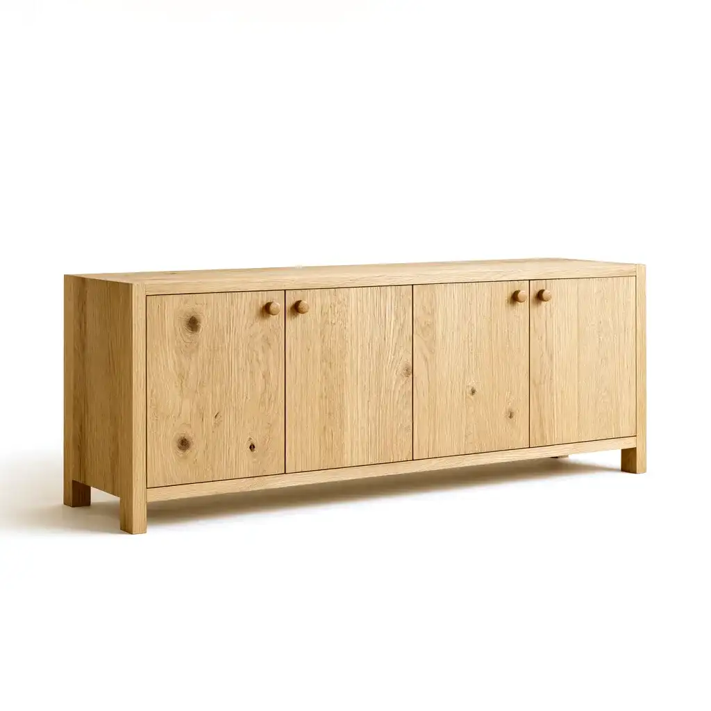 Sideboard „Werk“ aus Wildeiche mit vier Türen und Holzknöpfen.
