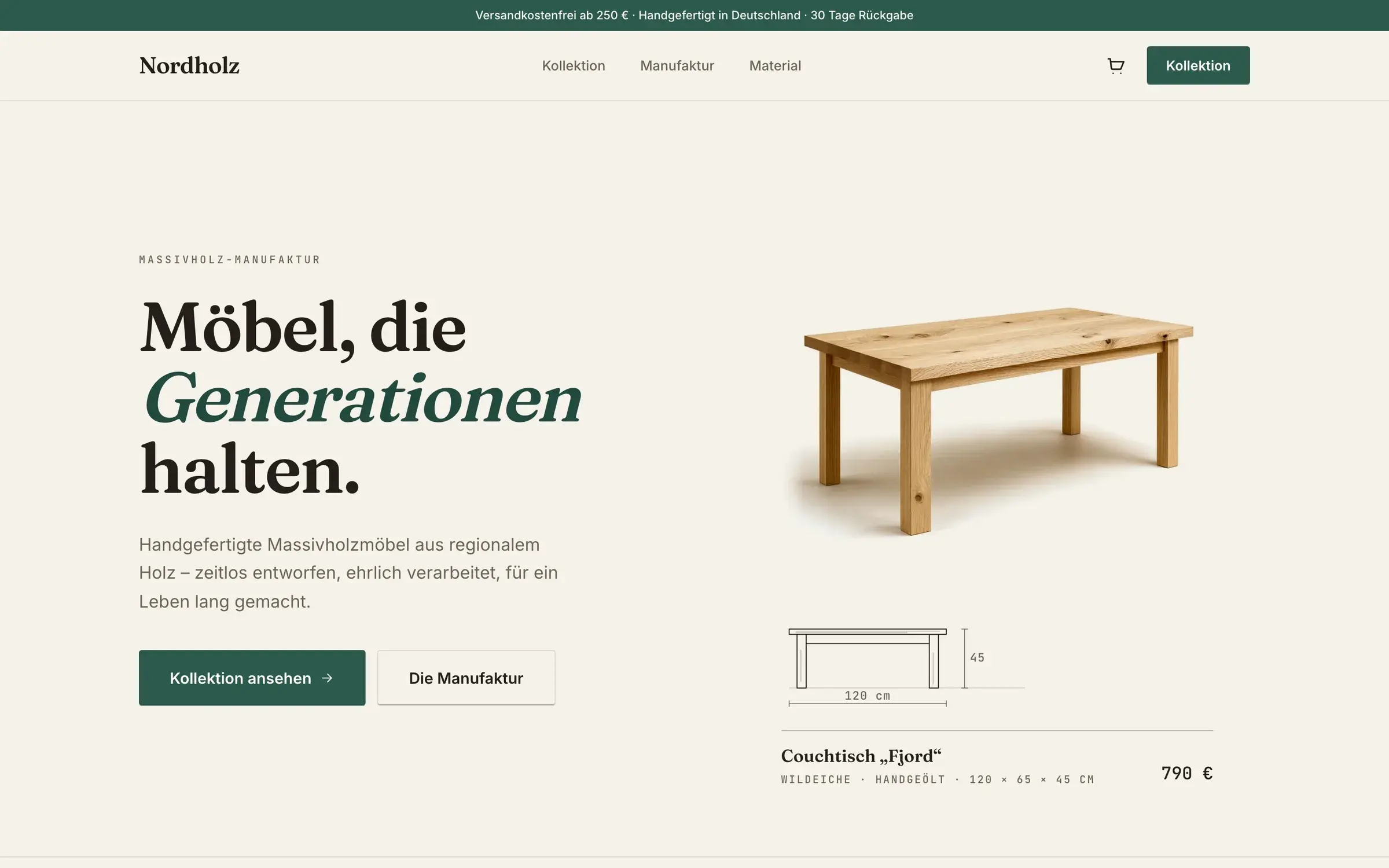 Startseite der Demo „Nordholz“: Möbel-Manufaktur mit Couchtisch „Fjord“ und Preis.