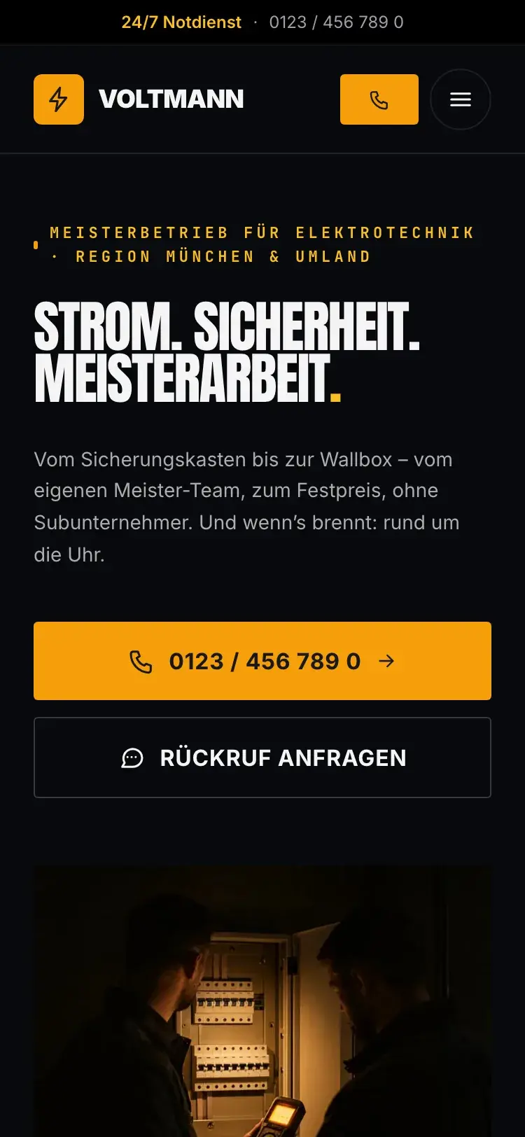 Demo „Voltmann“ auf einem Handy: Notdienst-Zeile mit Telefonnummer oben, Anrufen-Knopf in der Kopfzeile.