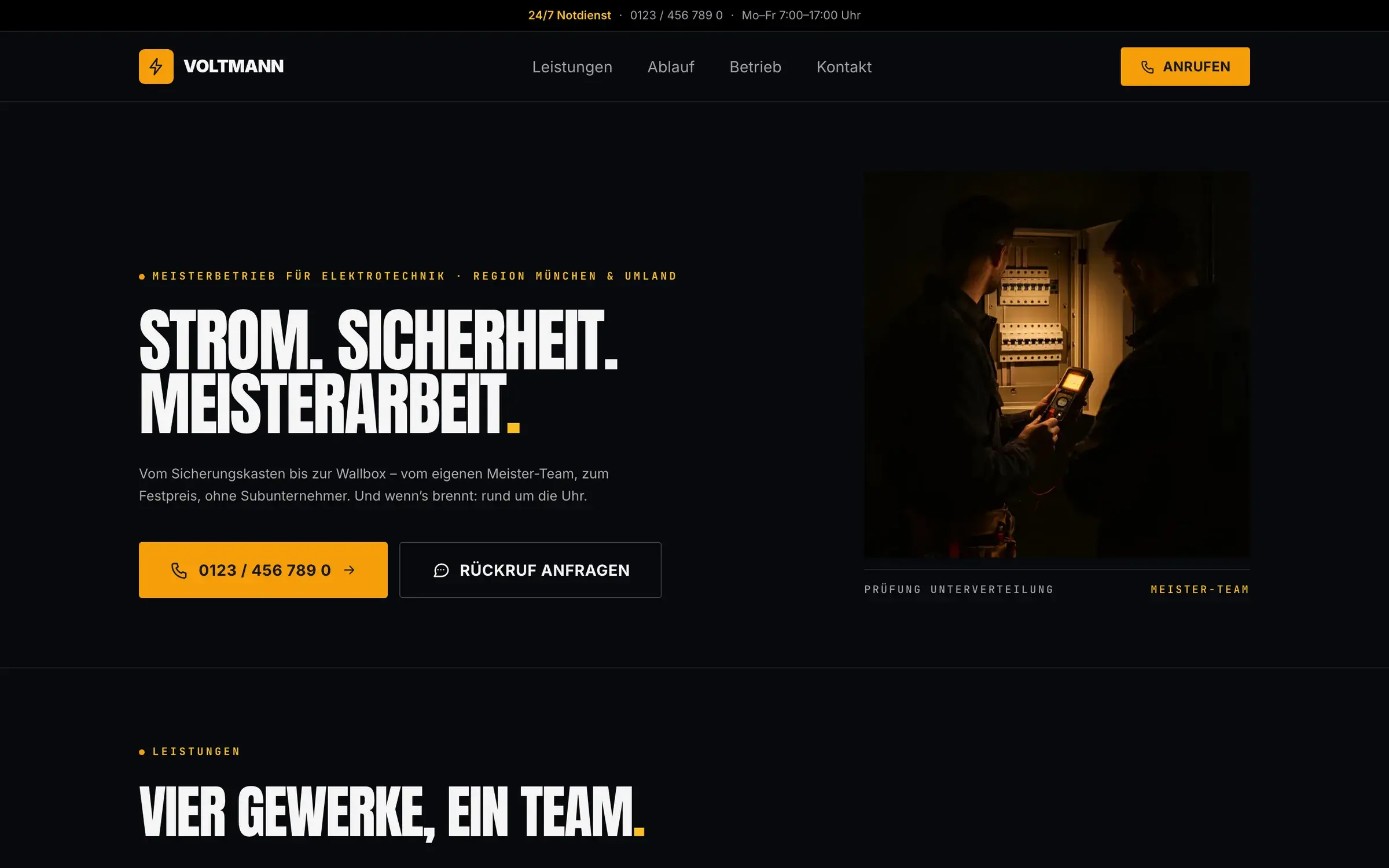Startseite der Demo „Voltmann“: Elektro-Meisterbetrieb mit Notdienst-Leiste und Teamfoto.